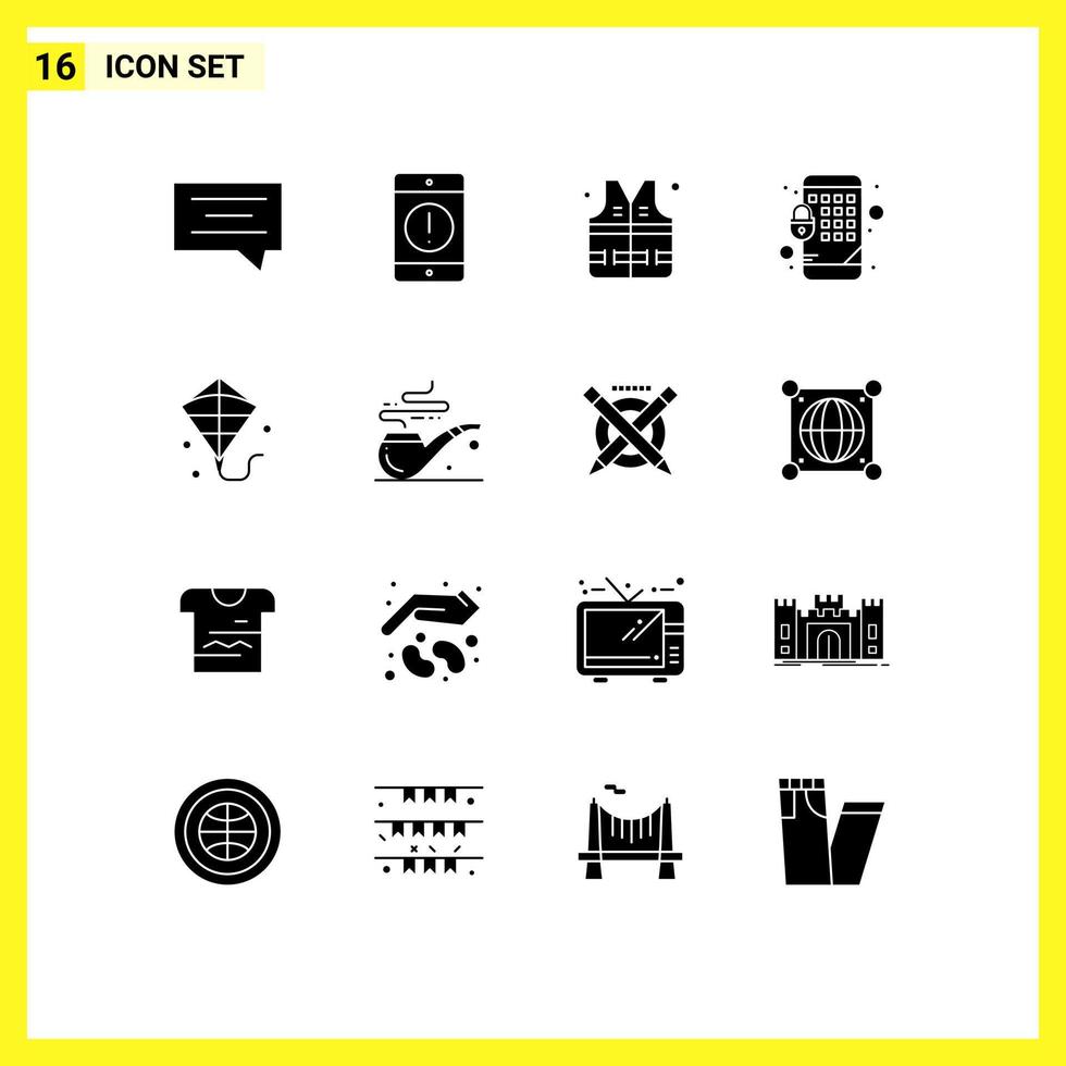 Universal Icon Symbols Group of 16 Modern Solid Glyphs of pipe flying lifejacket kite lock Editable Vector Design Elements