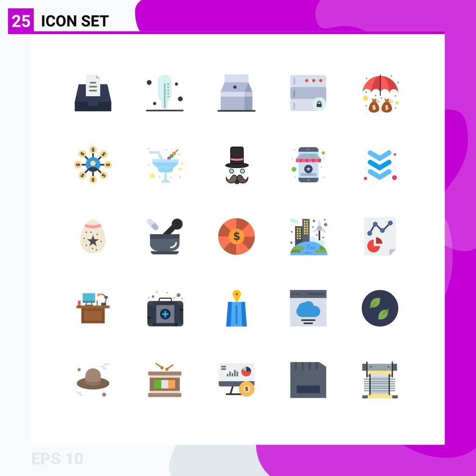 25 User Interface Flat Color Pack of modern Signs and Symbols of user umbrella juice money server Editable Vector Design Elements