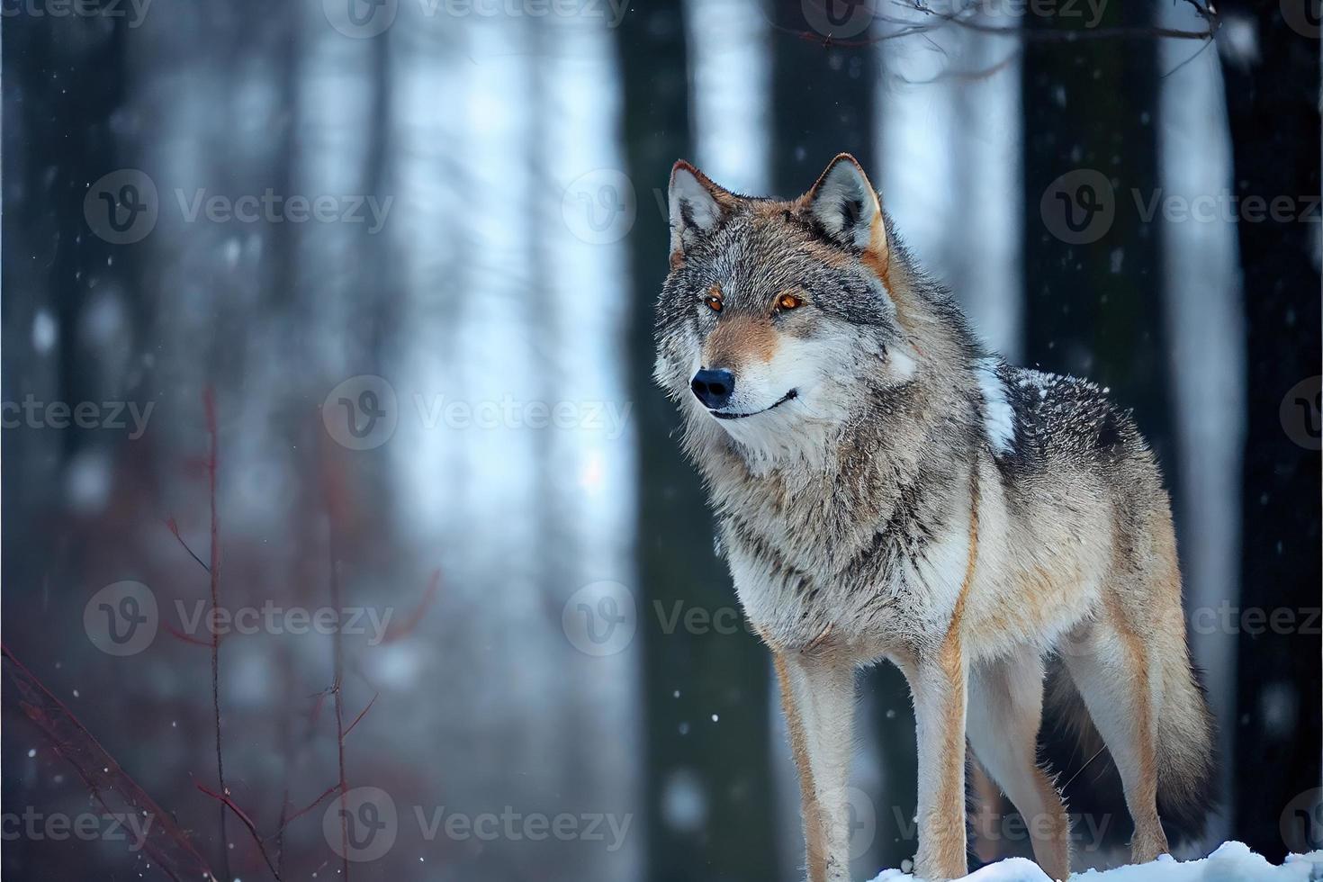 lobo euroasiático en hábitat de invierno blanco hermoso bosque de invierno foto