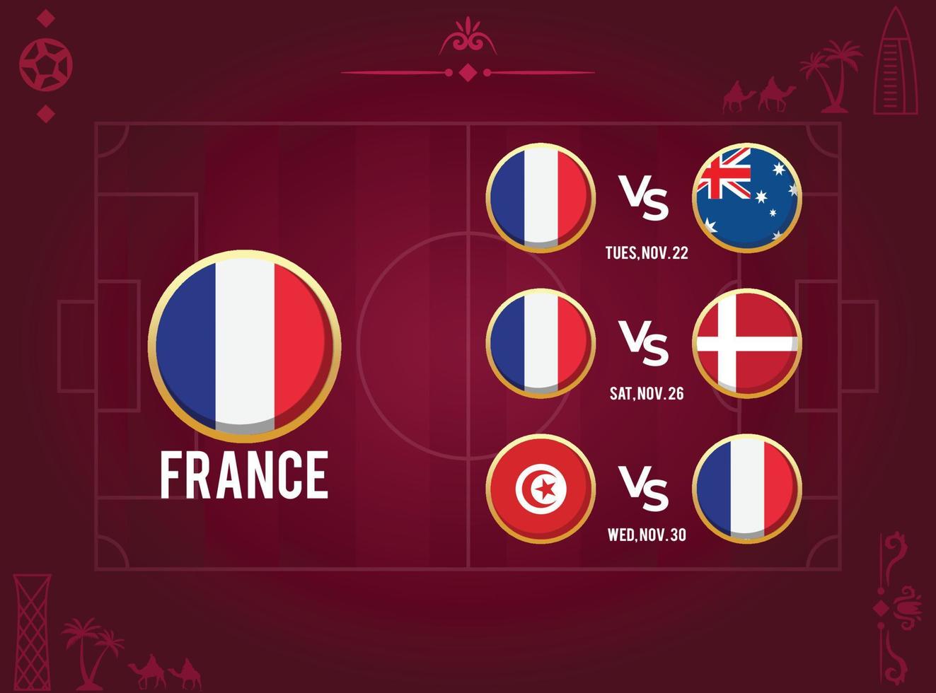 All Match Schedules of World Championship for France Soccer Team with Time and Date vector