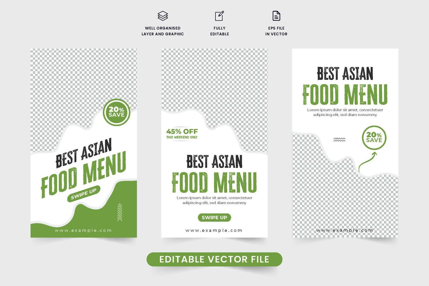 Special Asian food promotional web banner collection with green and white colors. Restaurant food menu discount template set with photo placeholders. Asian food social media story bundle vector. vector