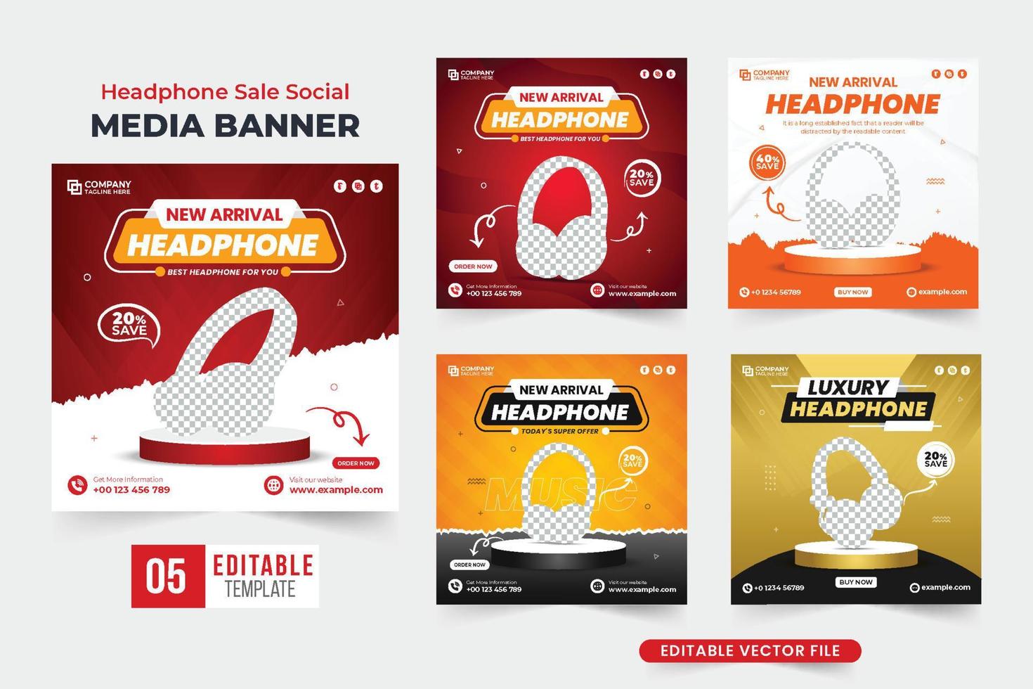 Modern headphone sale social media post collection with red and dark colors. Headphone brand promotion template bundle with abstract shapes. Headphone business web banner set design for marketing. vector