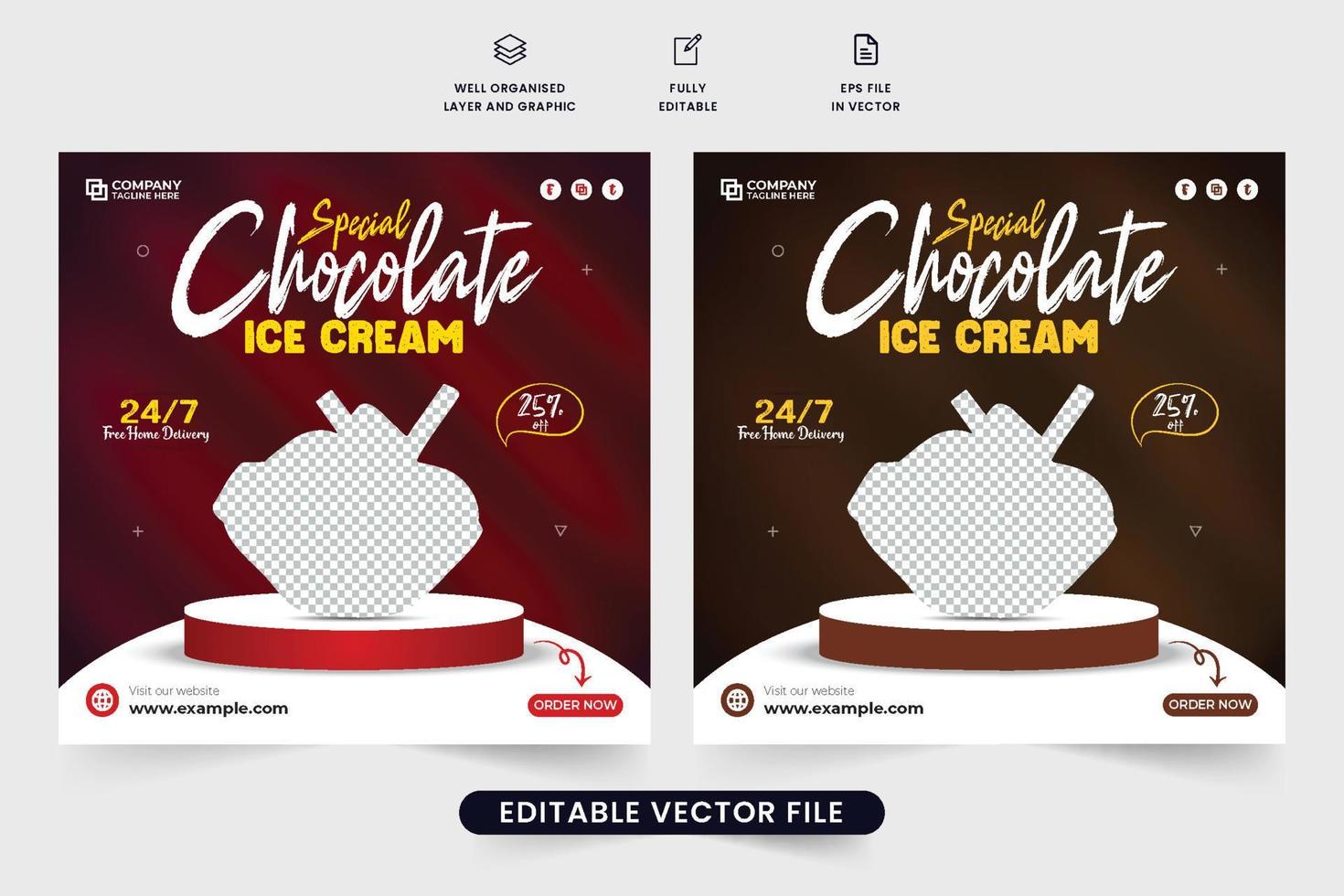 Special chocolate ice cream advertisement web banner design for marketing. Dessert and sweets social media poster vector with dark and yellow colors. Ice cream promotion template for digital marketing