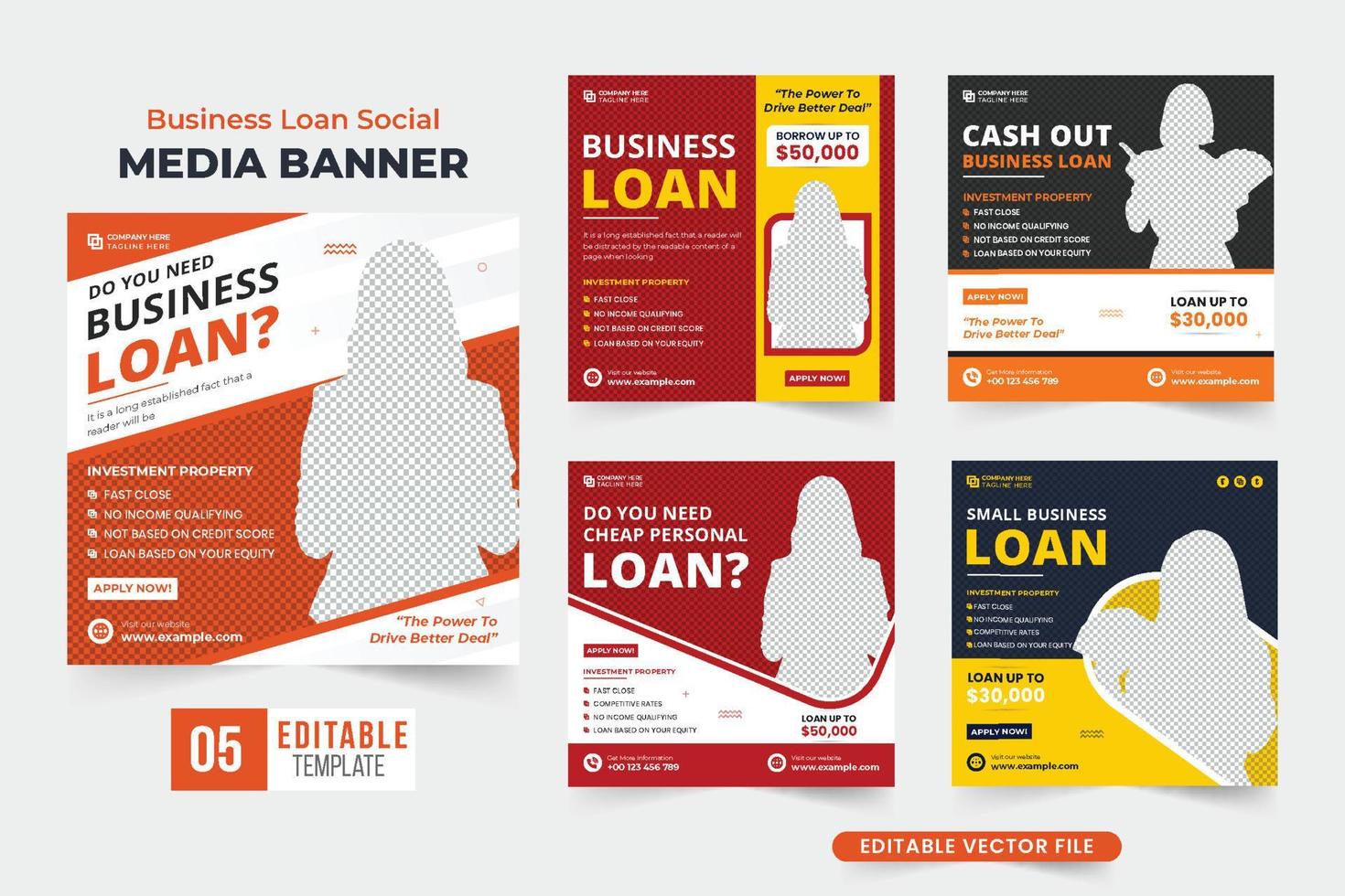 colección de diseño de publicaciones en redes sociales de préstamos comerciales con colores amarillo y rojo. paquete de diseño de banner web promocional de servicio bancario moderno para marketing digital. conjunto de plantillas de servicio de préstamos bancarios personales vector