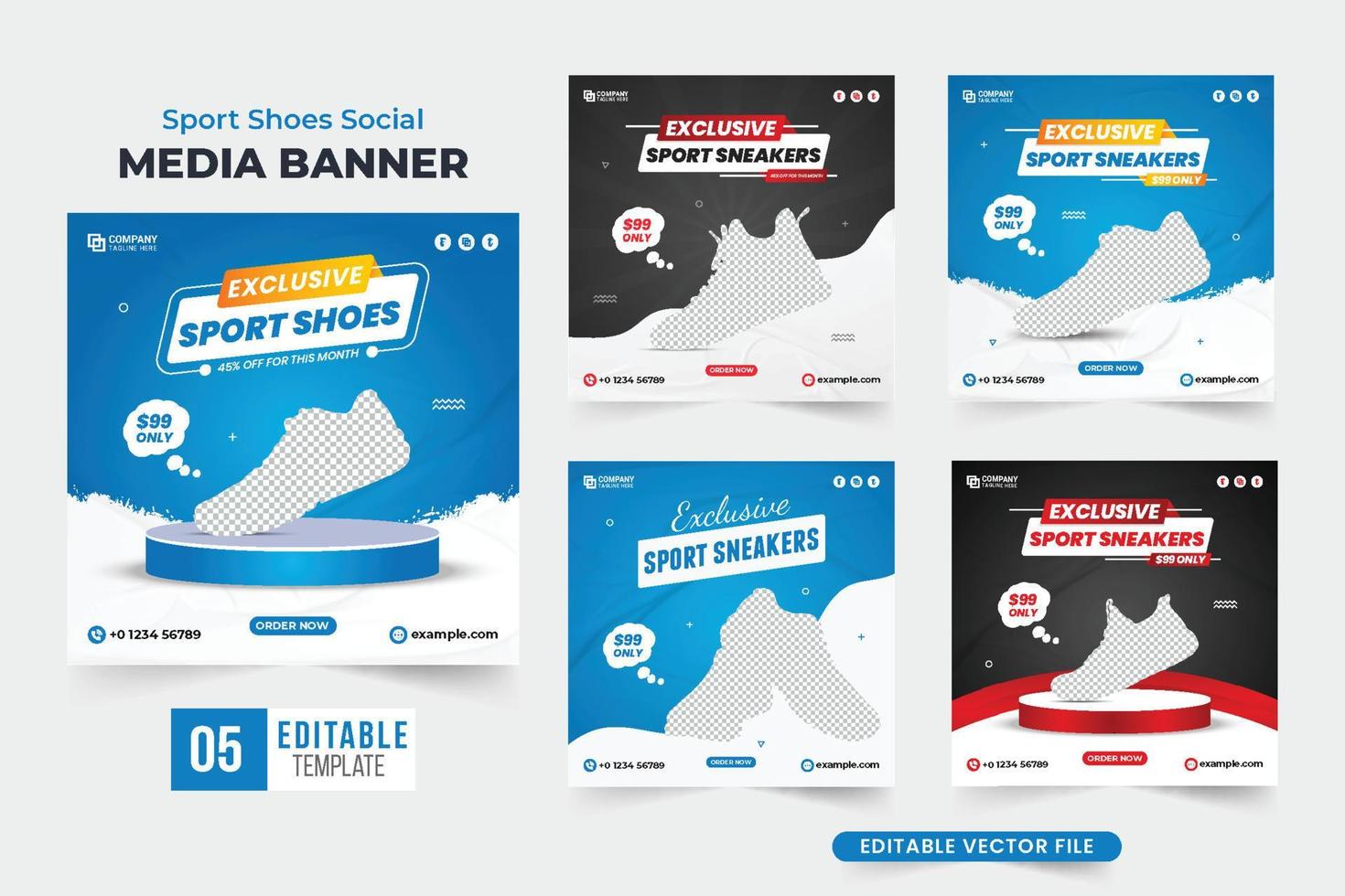 Sports shoe sale social media post collection with Blue and dark colors. Modern shoe business promotional web banner bundle with abstract shapes. Sneakers sale template set vector for marketing.