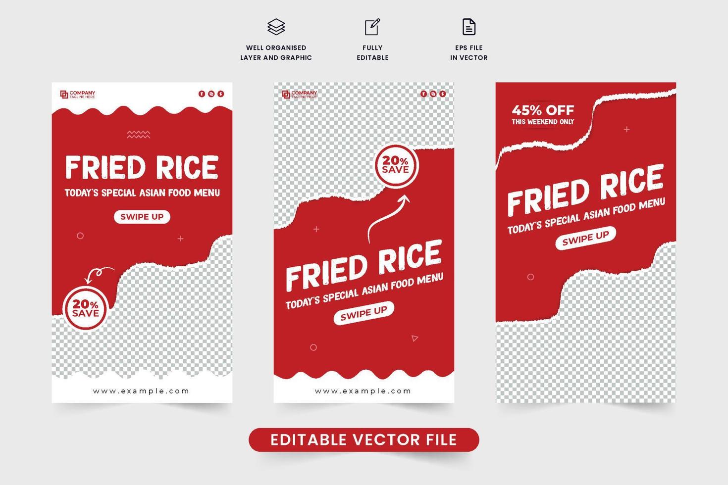 vector de plantilla de descuento de restaurante asiático con colores rojo y blanco. Diseño de escenarios de historias de redes sociales de alimentos para la promoción empresarial. vector de banner web de publicidad de comida asiática con marcadores de posición de fotos.