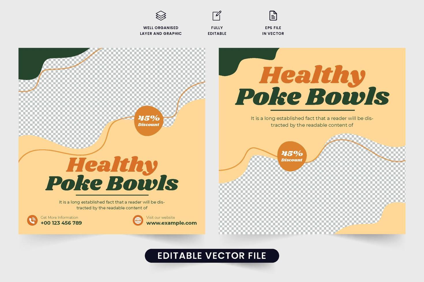 Restaurant discount template design with photo placeholders and abstract shapes. Healthy food social media post vector with orange and cream colors. Culinary promotion web banner design for marketing.