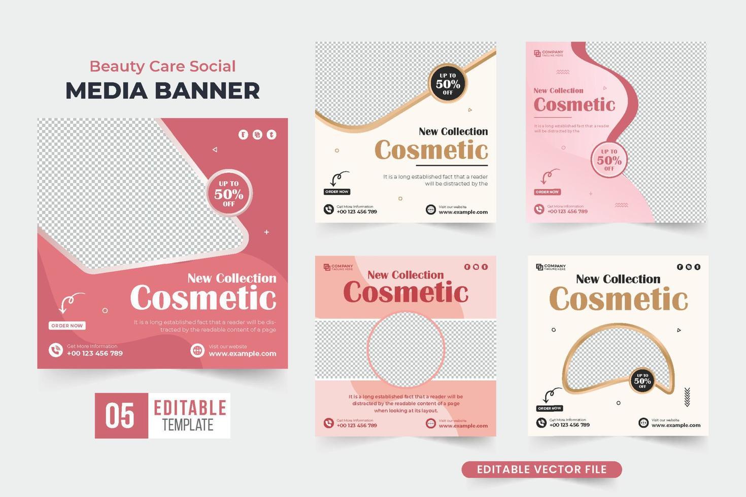 Beauty care social media template collection design with golden and pink colors. Cosmetic business advertisement template bundle for marketing. Modern beauty product sale poster set vector. vector