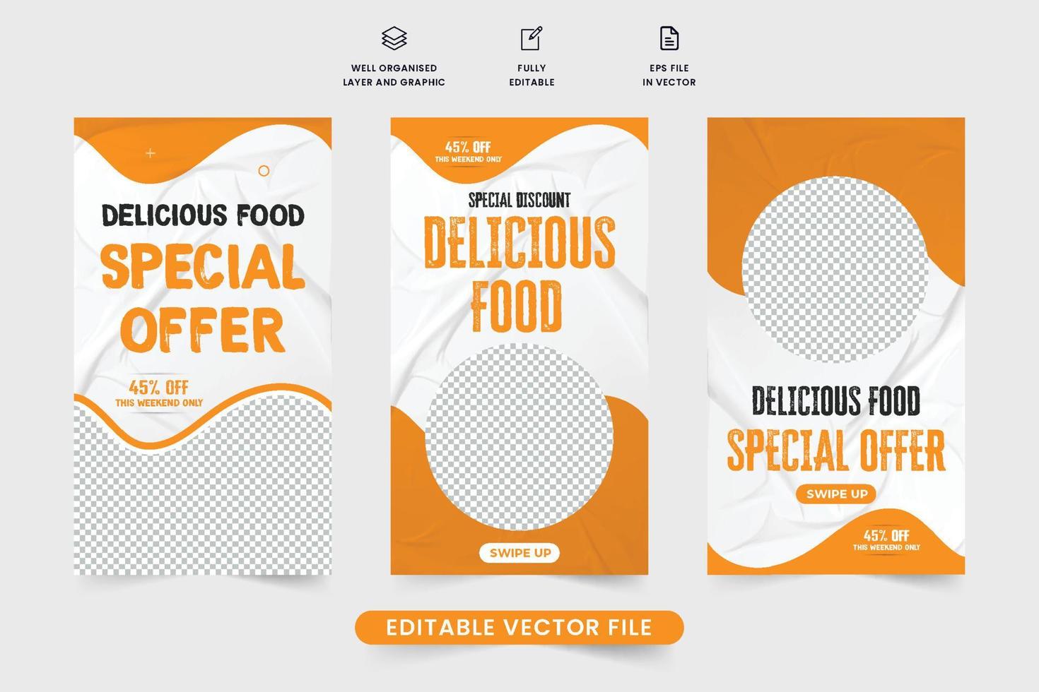 Delicious food menu social media story vector with yellow and dark colors. Latin American food promotional template design with abstract shapes. Special food discount poster design for marketing.