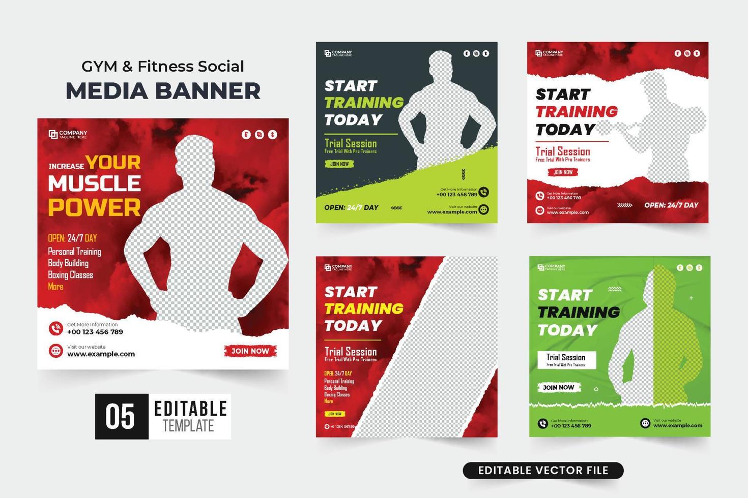 Gym business promotional template set with dark and red colors. Modern gym session social media post bundle with abstract brush effect. Fitness workout poster design collection for digital marketing. vector