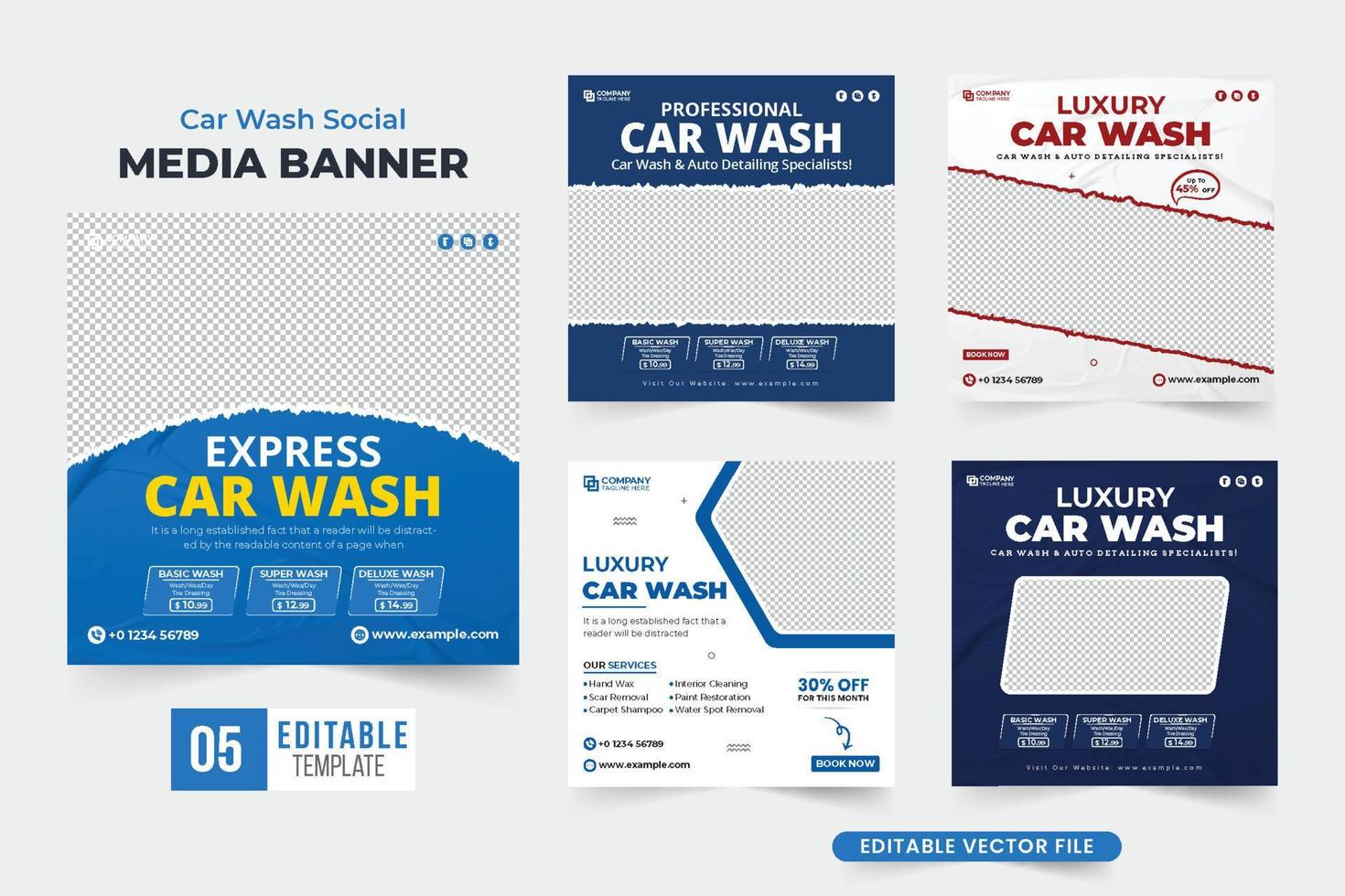 Car wash social media post bundle design with blue and red colors. Automobile repair and cleaning business template collection for marketing. Vehicle cleaning service web banner set vector. vector