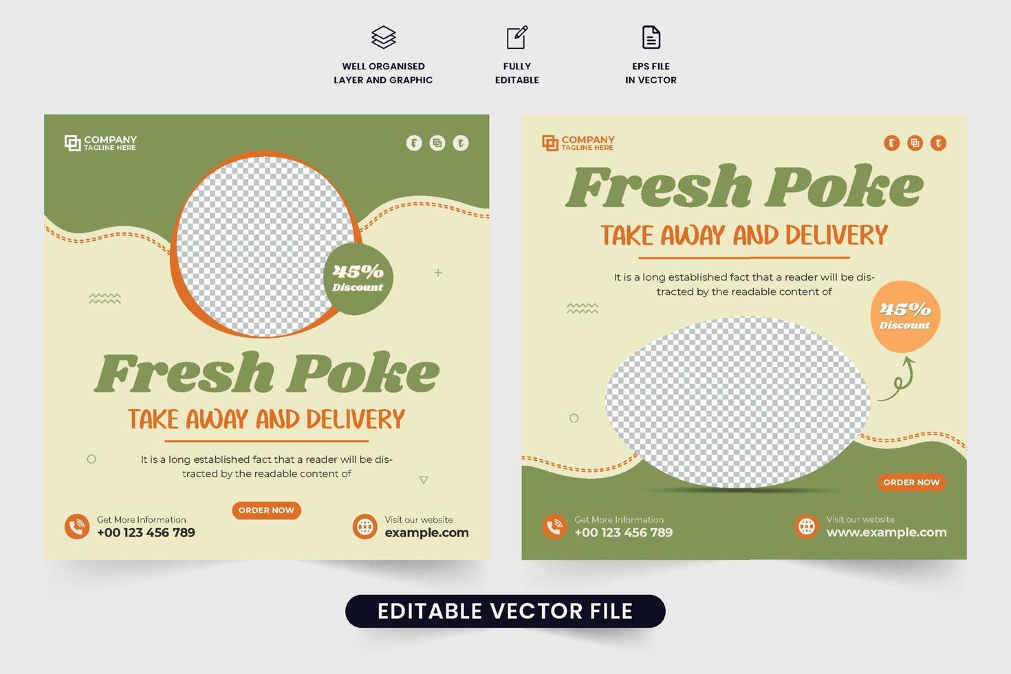 Healthy food menu template design with abstract shapes. Special food discount web banner vector with green and orange colors. Restaurant promotion poster template vector with photo placeholders.