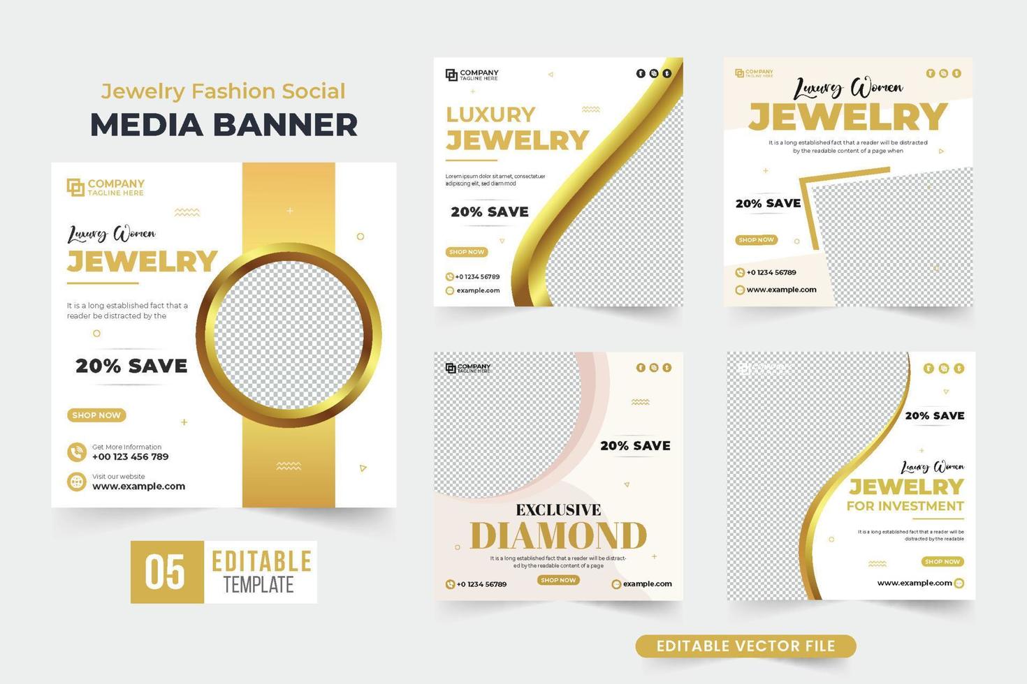 Special ornament social media post bundle vector with golden and dark colors. Jewelry business promotional template collection for marketing. Diamond ornament sale poster set with photo placeholder.
