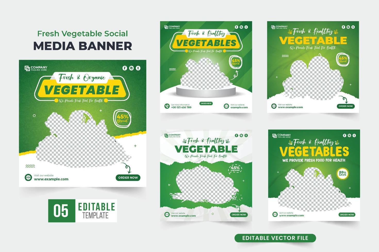 Diseño de conjuntos de publicaciones en redes sociales de alimentos saludables con colores verde y amarillo. paquete de plantilla de descuento de venta de vegetales orgánicos para marketing. colección de carteles publicitarios de verduras frescas. vector