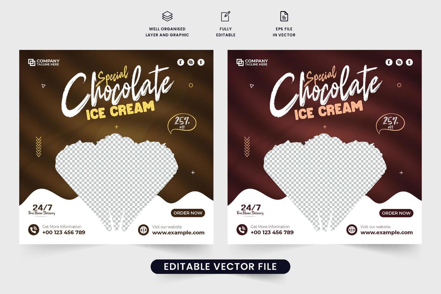 Tasty ice cream promotional poster design with dark and chocolate color shapes. Ice cream sale discount web banner template for social media marketing. Dessert social media post vector. vector