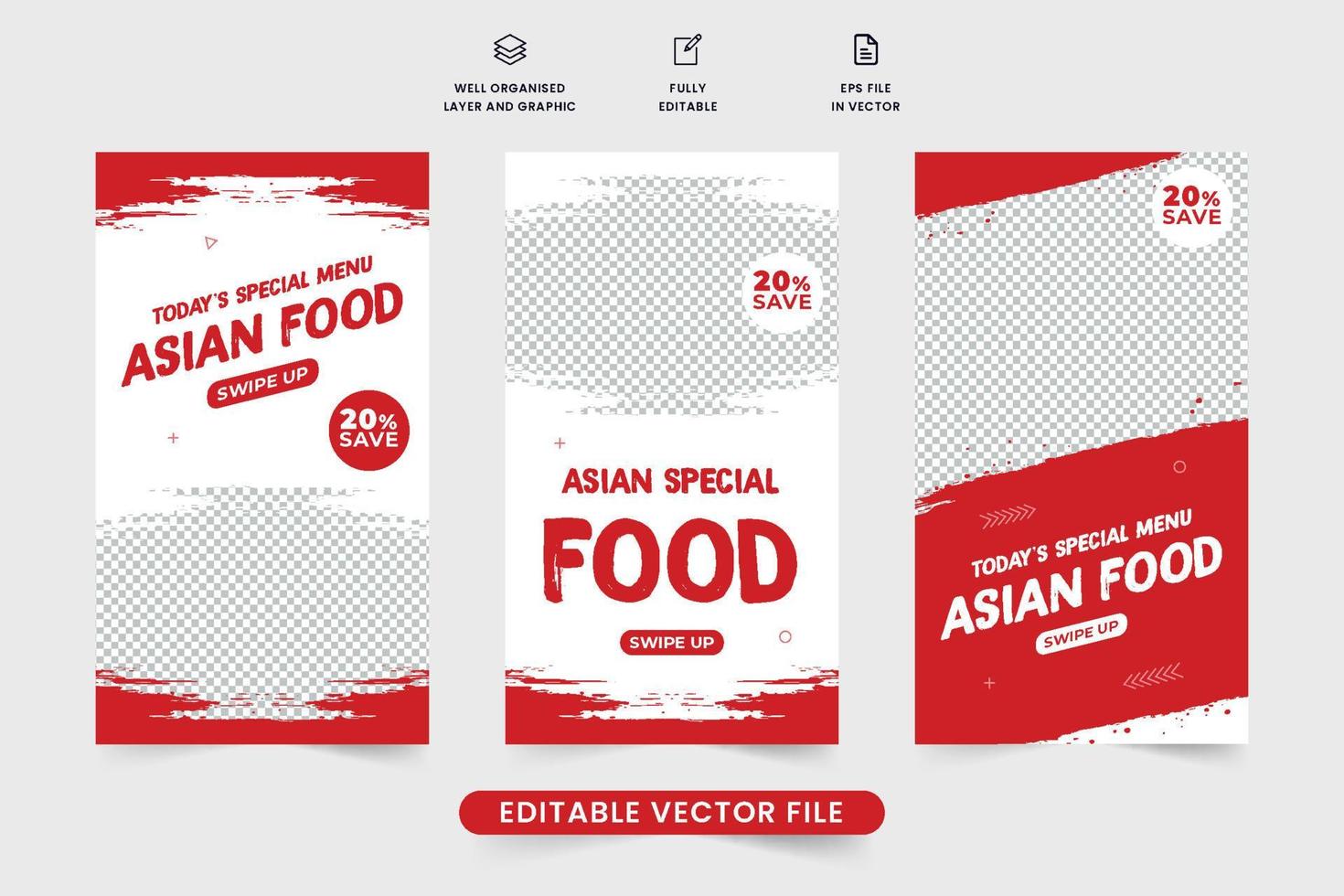 Asian food social media story template set design with red and white colors. Special story template collection for the restaurant food menu.  Asian food promotional web banner design for marketing. vector