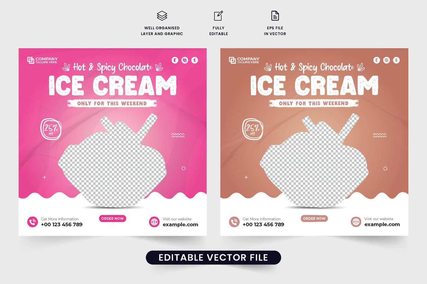 diseño de plantilla de descuento de helado con formas abstractas. vector de publicación de redes sociales de venta especial de helados con colores rosa y chocolate. vector de publicación promocional de postre con marketing en redes sociales