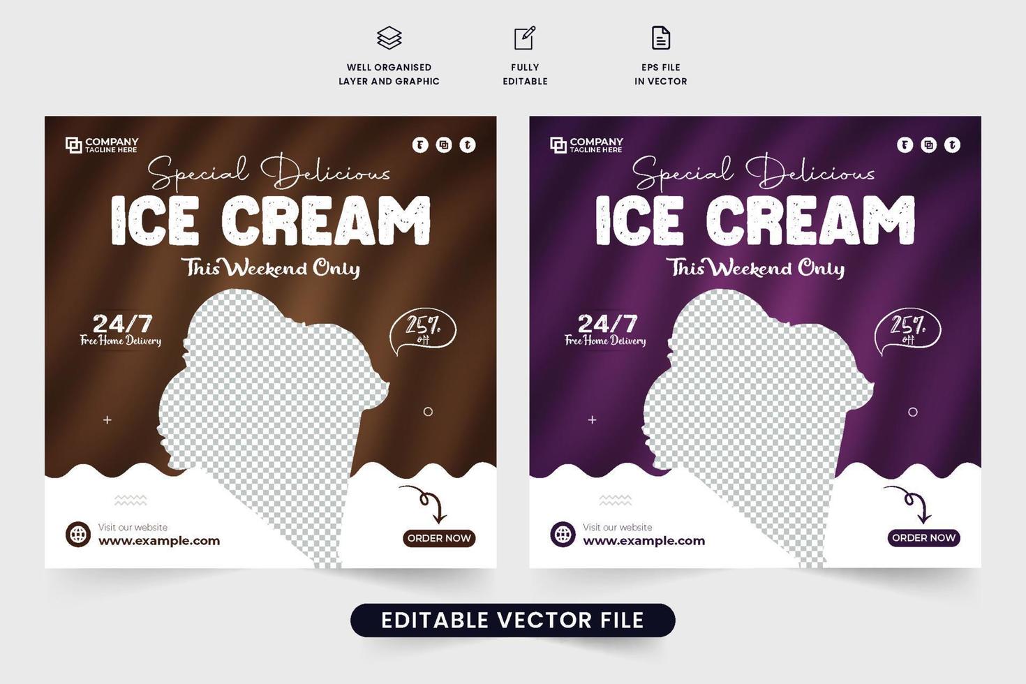 Helado de chocolate especial vector de publicación en redes sociales con fondos morados y oscuros. diseño de afiches publicitarios de negocios de postres con formas abstractas. vector de plantilla de descuento de venta de helados.