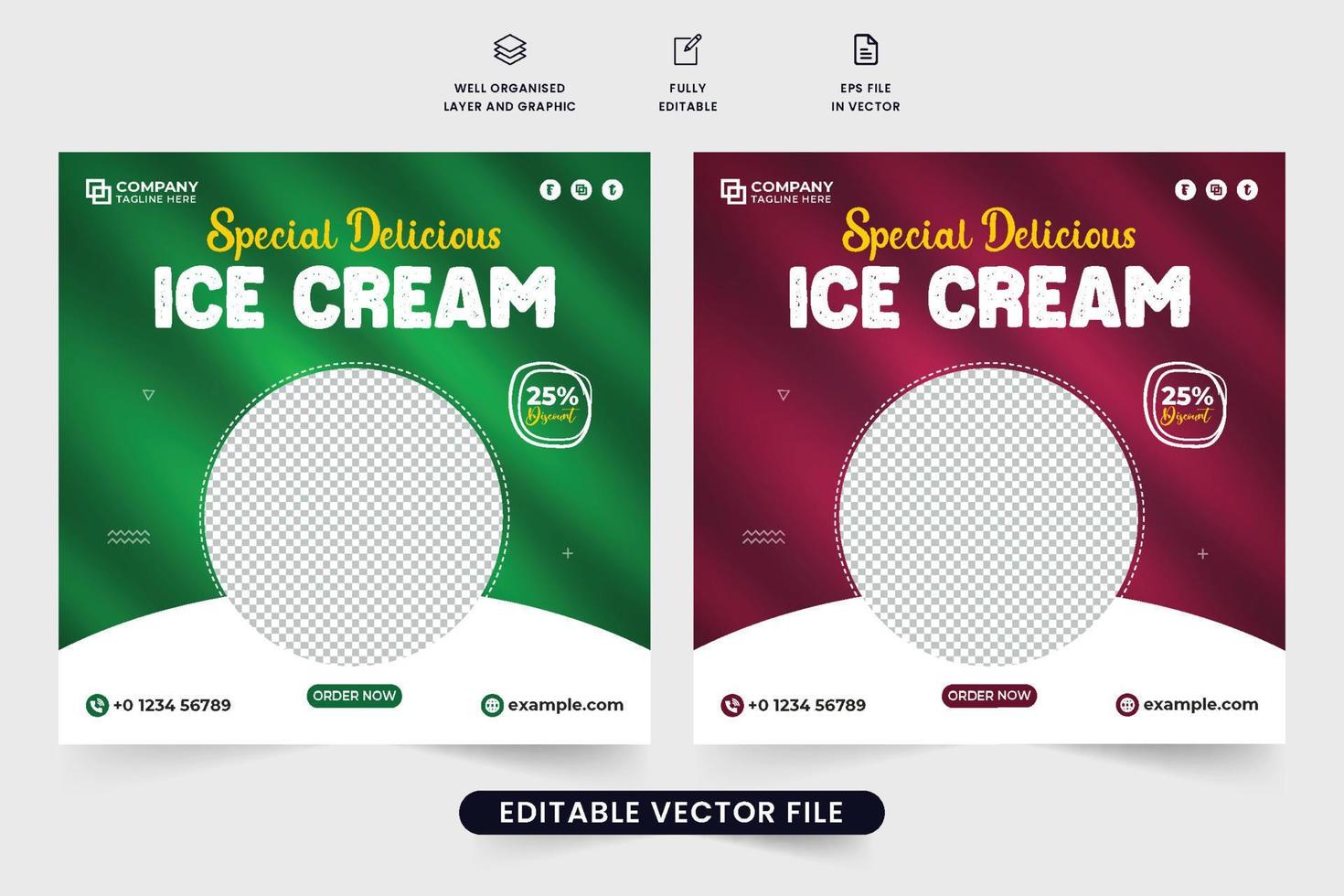 vector de publicación de redes sociales de venta de helados con fondos rojos y verdes. diseño de banner web promocional de helado simple para marketing. delicioso vector de cartel de comida y helado con marcadores de posición de fotos