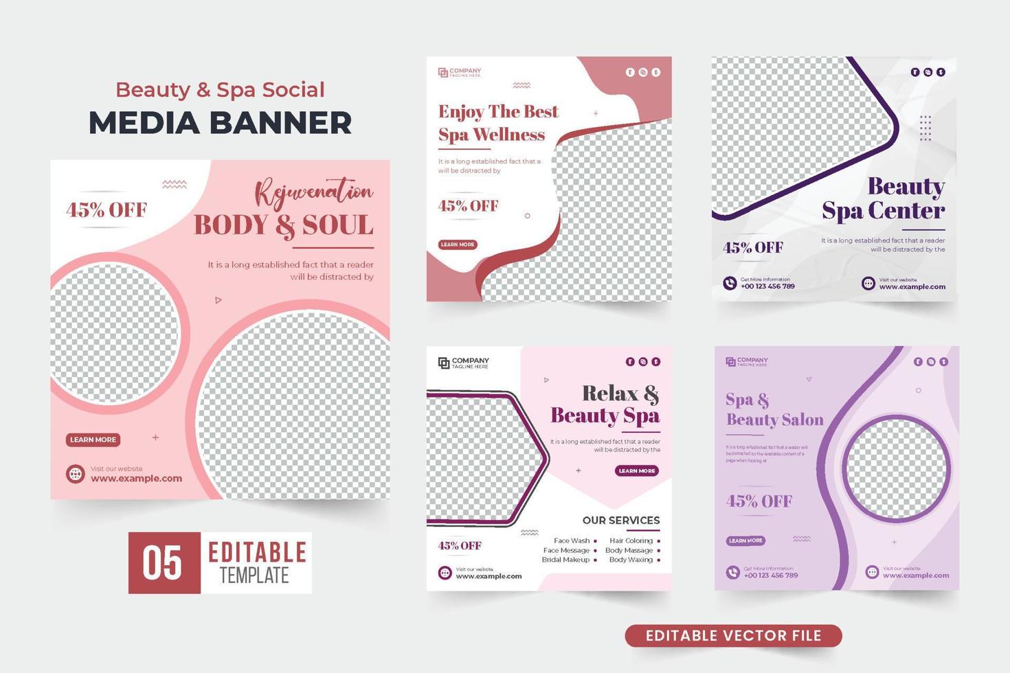 Beauty and spa social media post set vector with pink and blue colors. Modern spa center promotional web banner template bundle for marketing. Body treatment business poster collection vector.