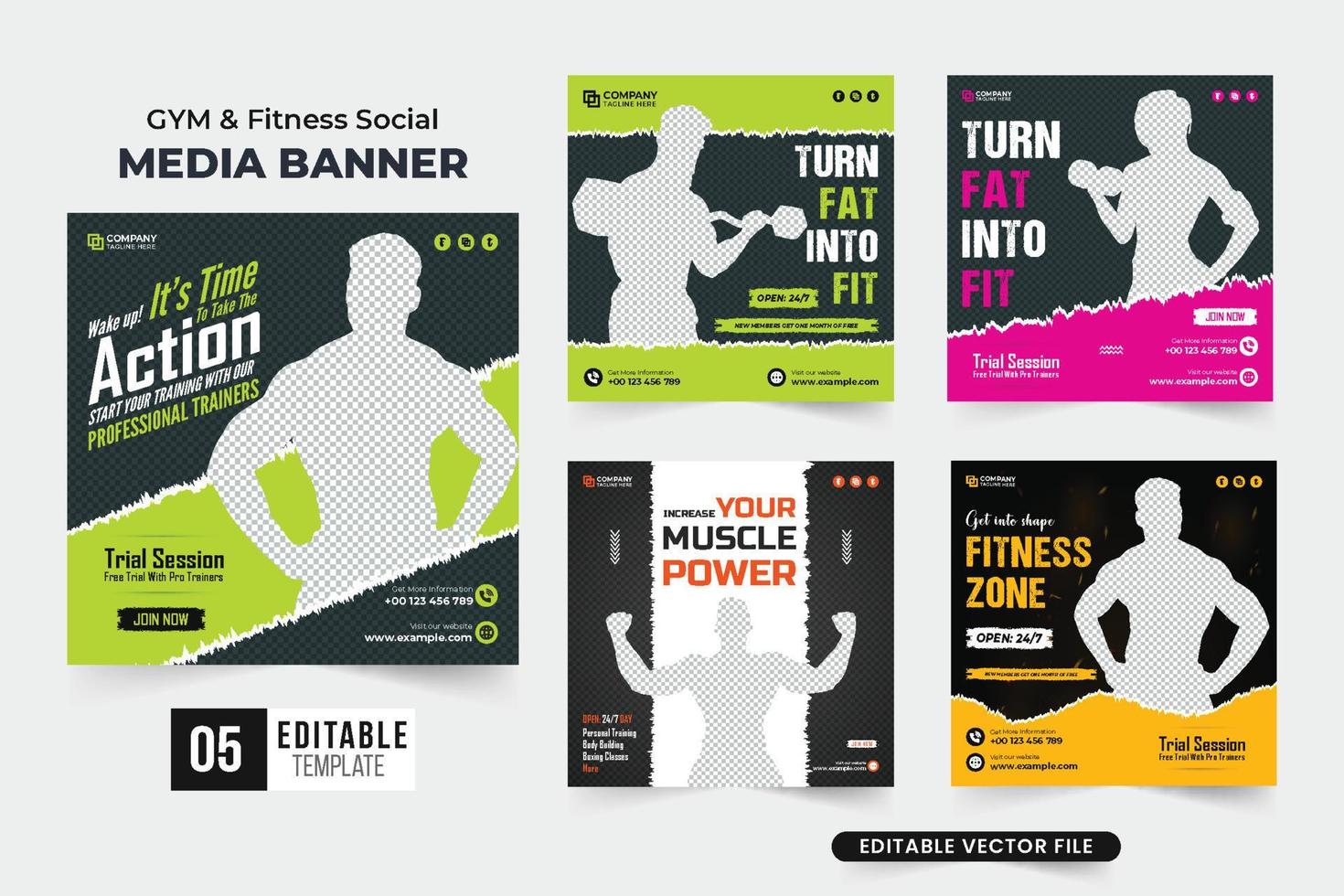 Fitness gym training session advertisement template bundle with dark and green colors. Gym business social media post design collection for digital marketing. Gym workout web banner template set. vector