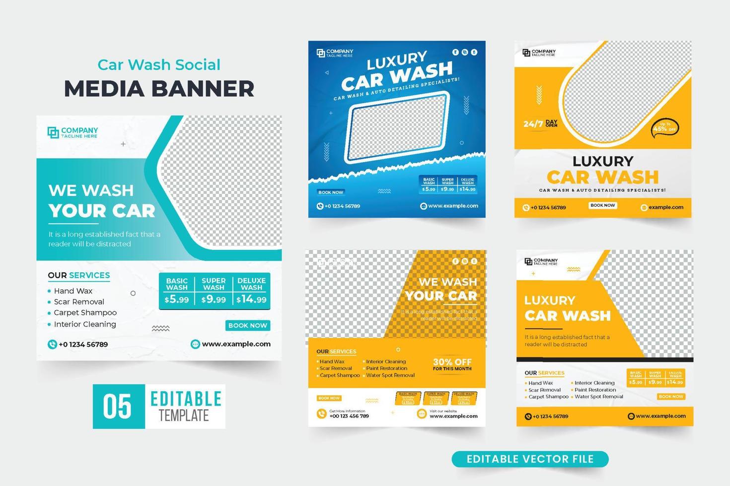 Automobile maintenance service social media post collection for digital marketing. Vehicle cleaning business web banner template bundle with yellow and blue colors. Car wash and repair poster set. vector