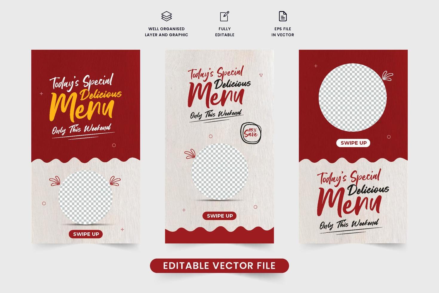 paquete de plantilla de descuento de venta de restaurante con colores granate y amarillo. vector especial de banner web promocional de menú de comida latinoamericana. plantilla de historia de redes sociales de alimentos con marcadores de posición de fotos.