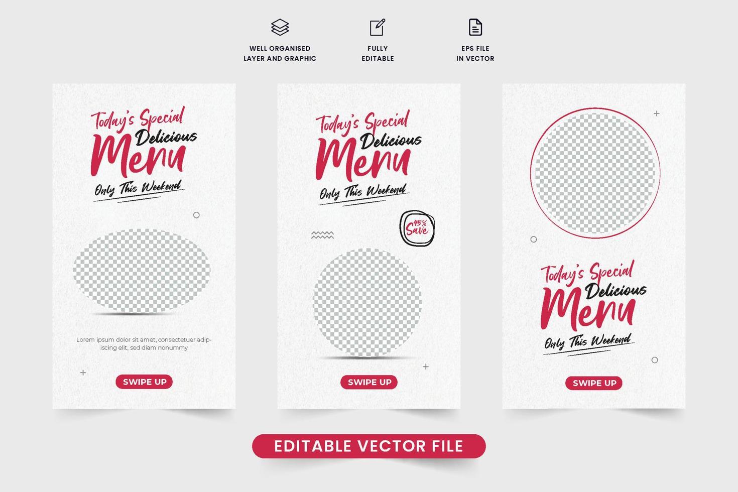 colección especial de plantillas de menú de comida latinoamericana sobre fondos blancos. diseño de banner web promocional de negocios culinarios con efecto de texto rojo. vector de conjunto de historias de redes sociales de menú de comida para marketing.