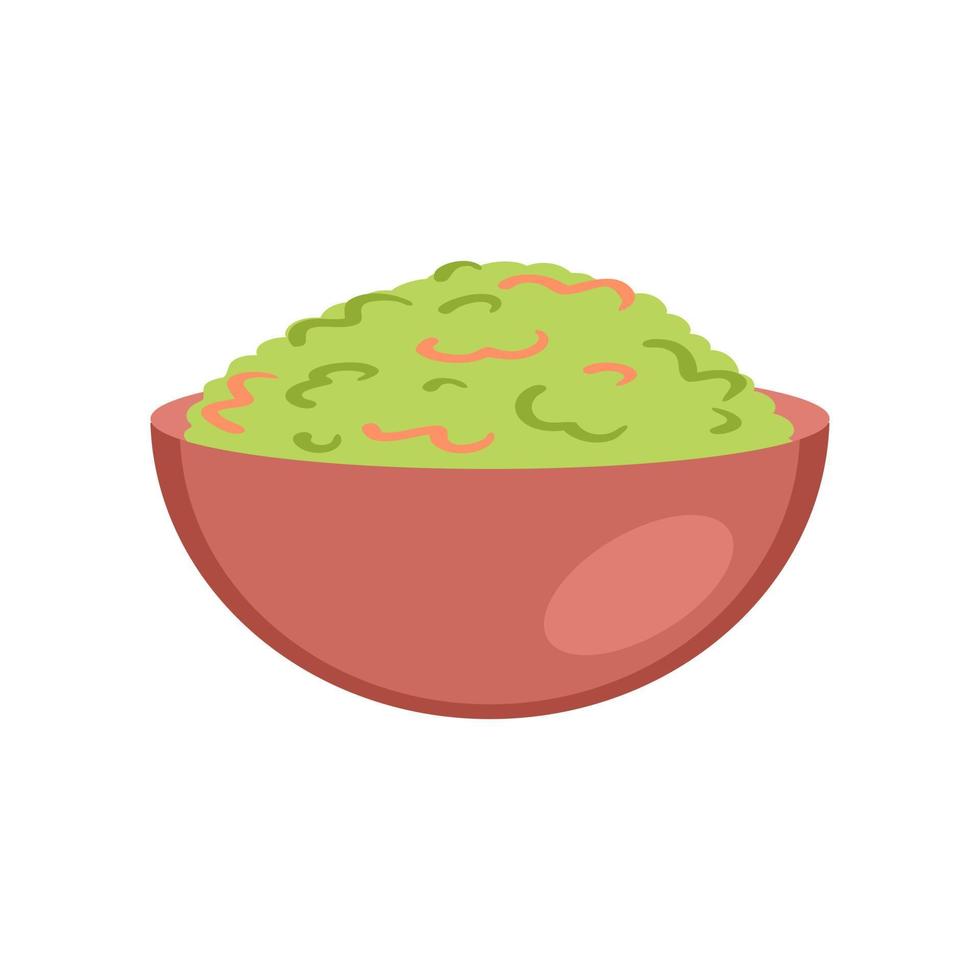 tazón con deliciosa salsa picante mexicana de guacamole en estilo plano. vector