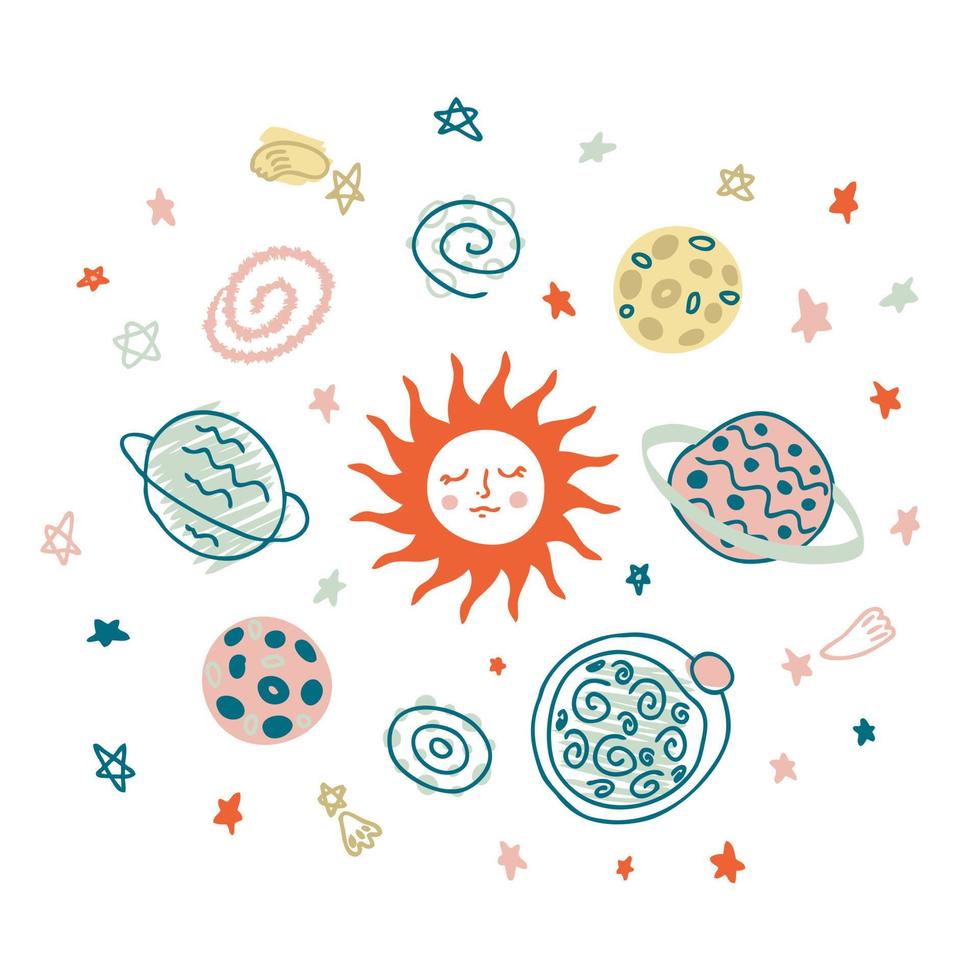 Hand drawn cosmos pattern with sun, planets and stars. vector