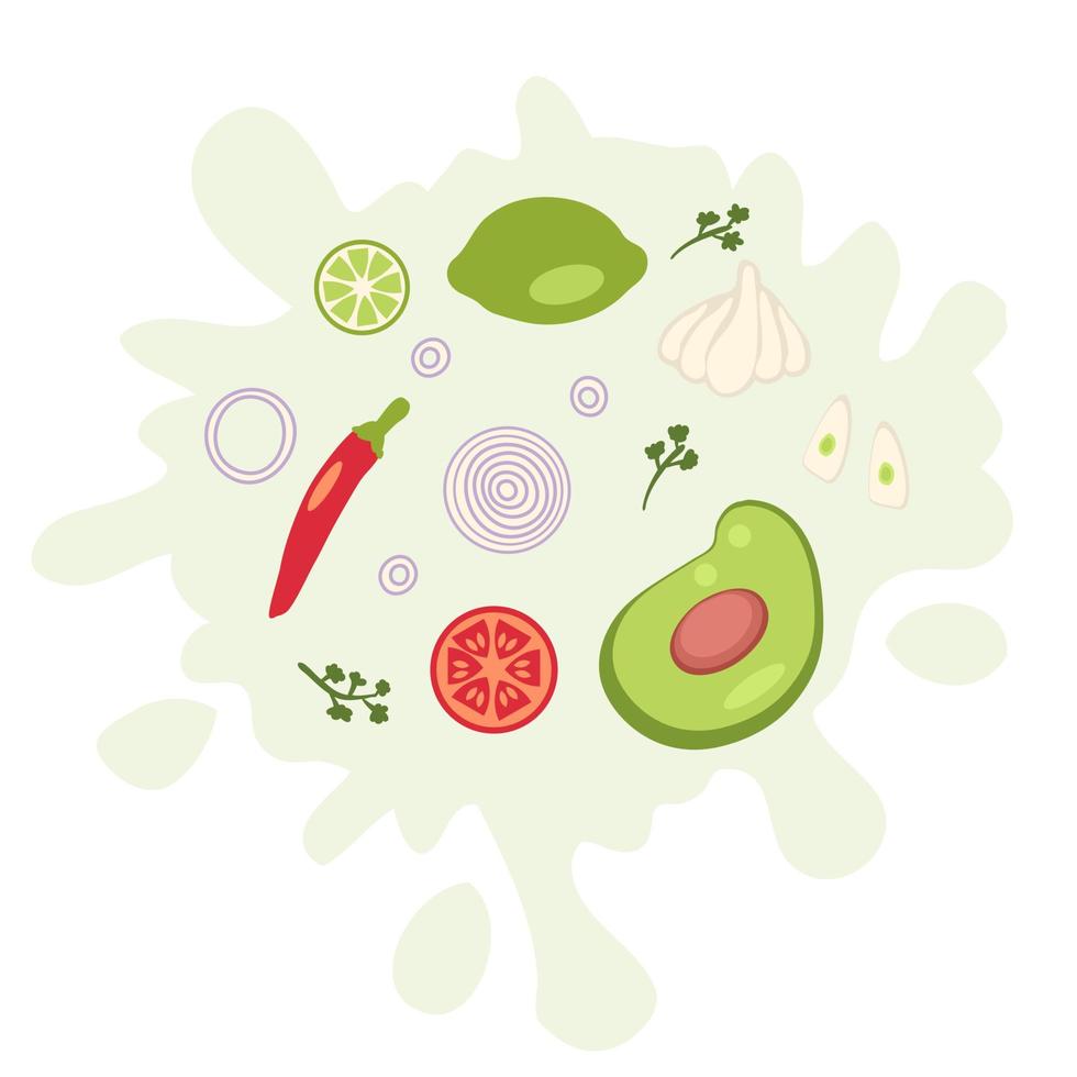 Avocado guacamole mexican sauce recipe ingredients. vector