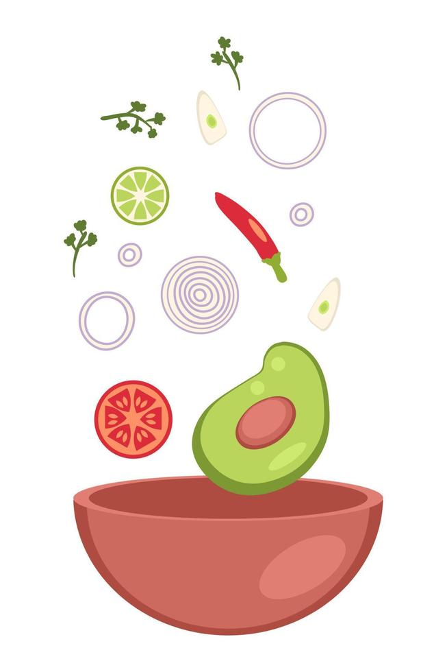 Guacamole mexican spicy sauce recipe ingredients fall in bowl. vector