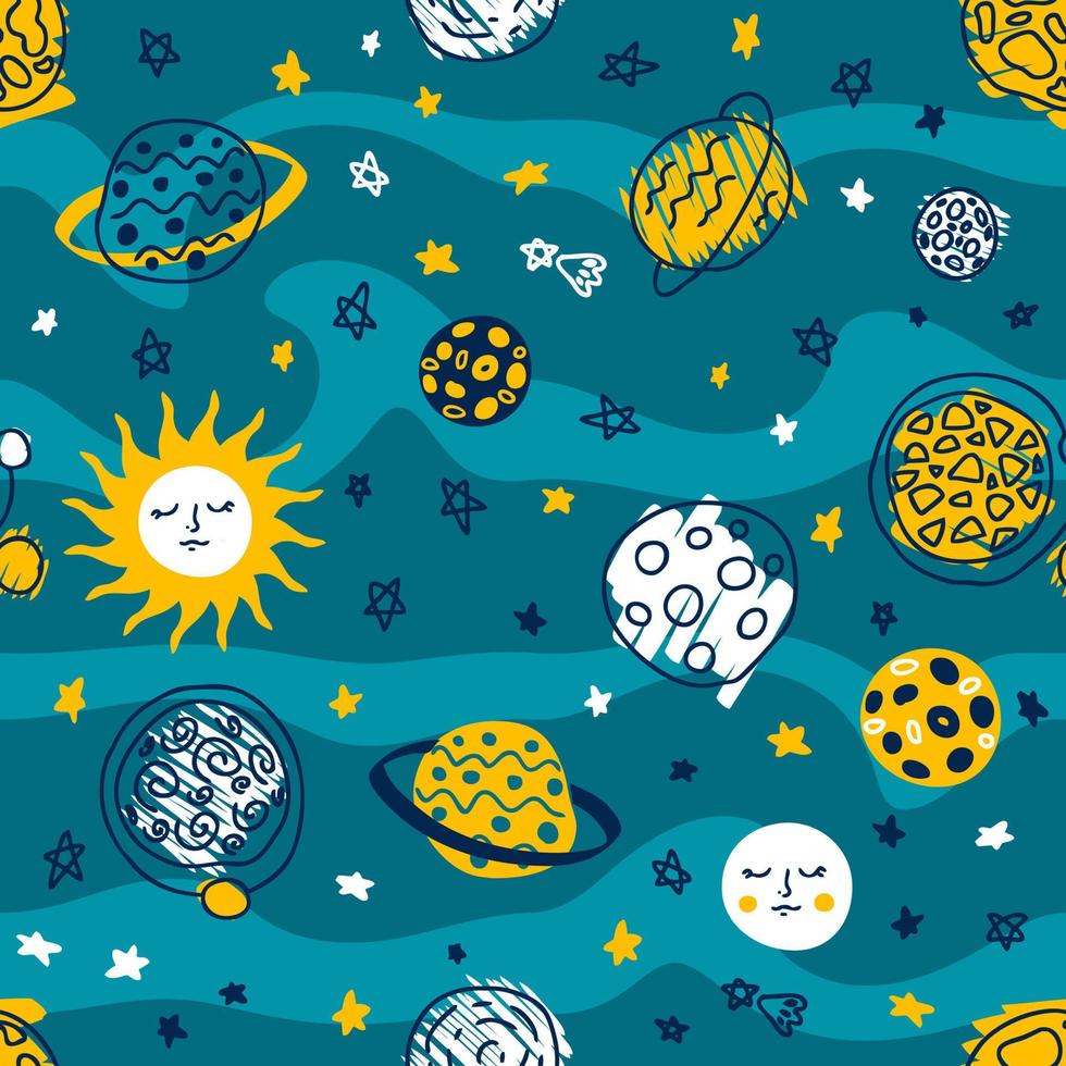 Hand drawn space seamless pattern with sun, planets and stars. vector