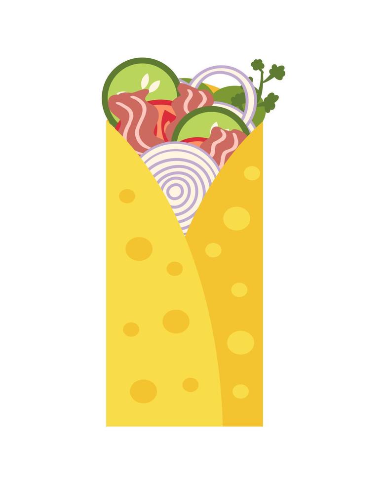 carnitas de cerdo burrito mexicano de comida rápida en estilo plano. vector