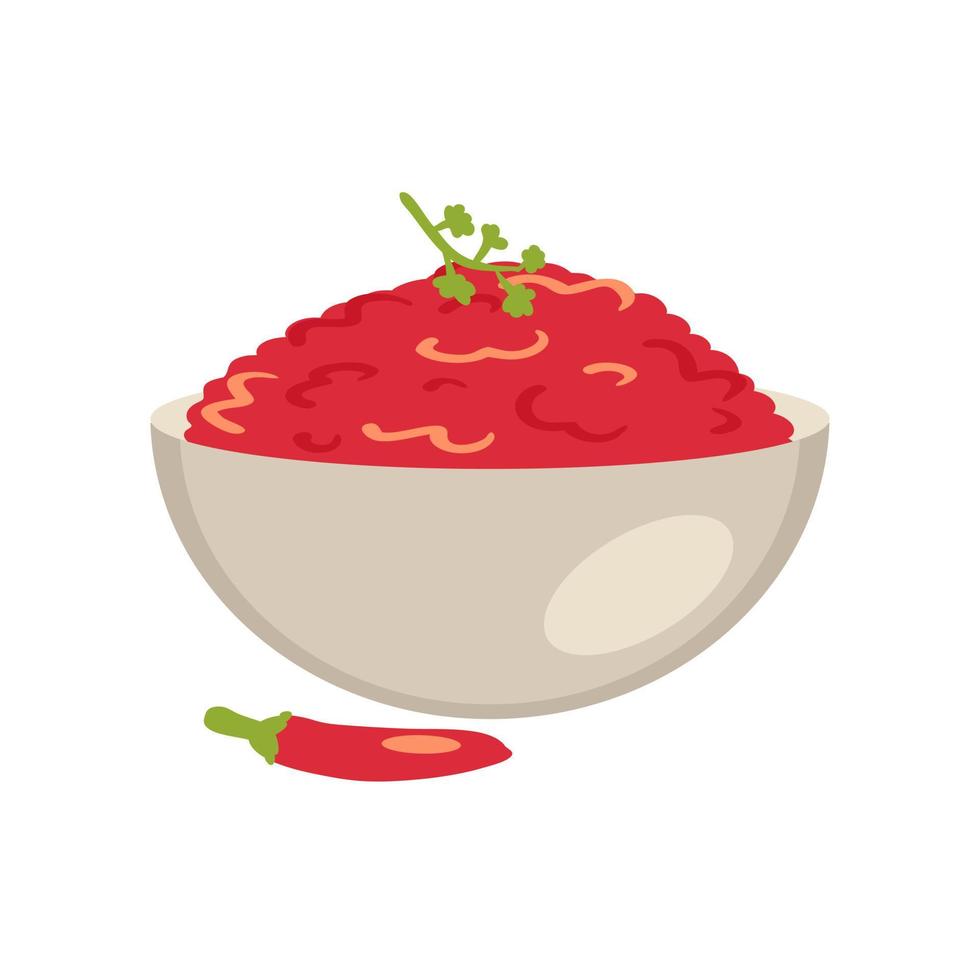 Bowl with delicious salsa mexican spicy sauce in flat style. vector