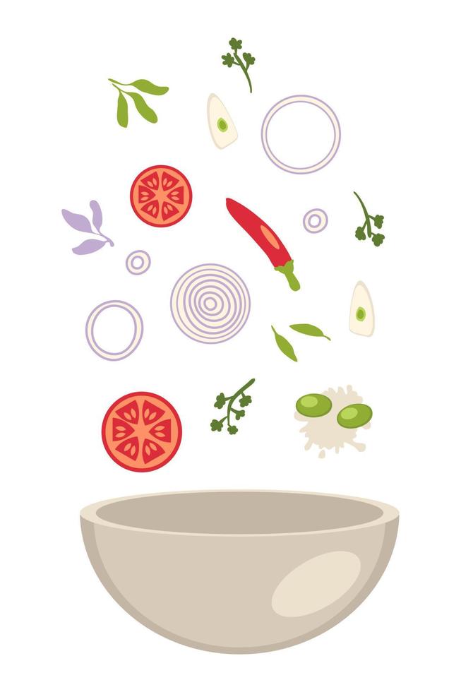 Salsa mexican spicy sauce recipe ingredients fall in bowl. vector