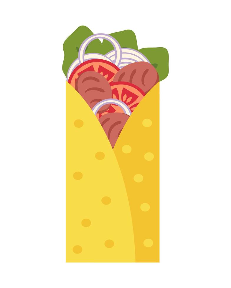 burrito de comida rápida mexicana de carne asada en estilo plano. vector