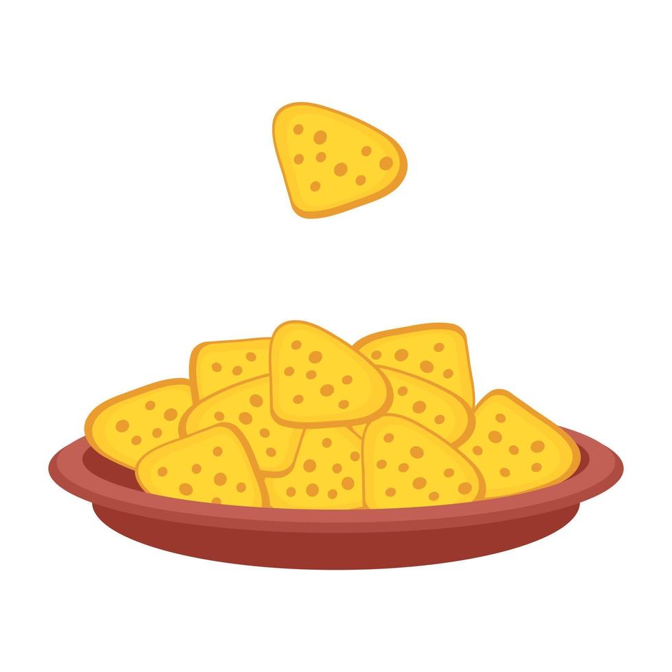 Mexican nachos tortilla chips on plate in simple flat style. vector