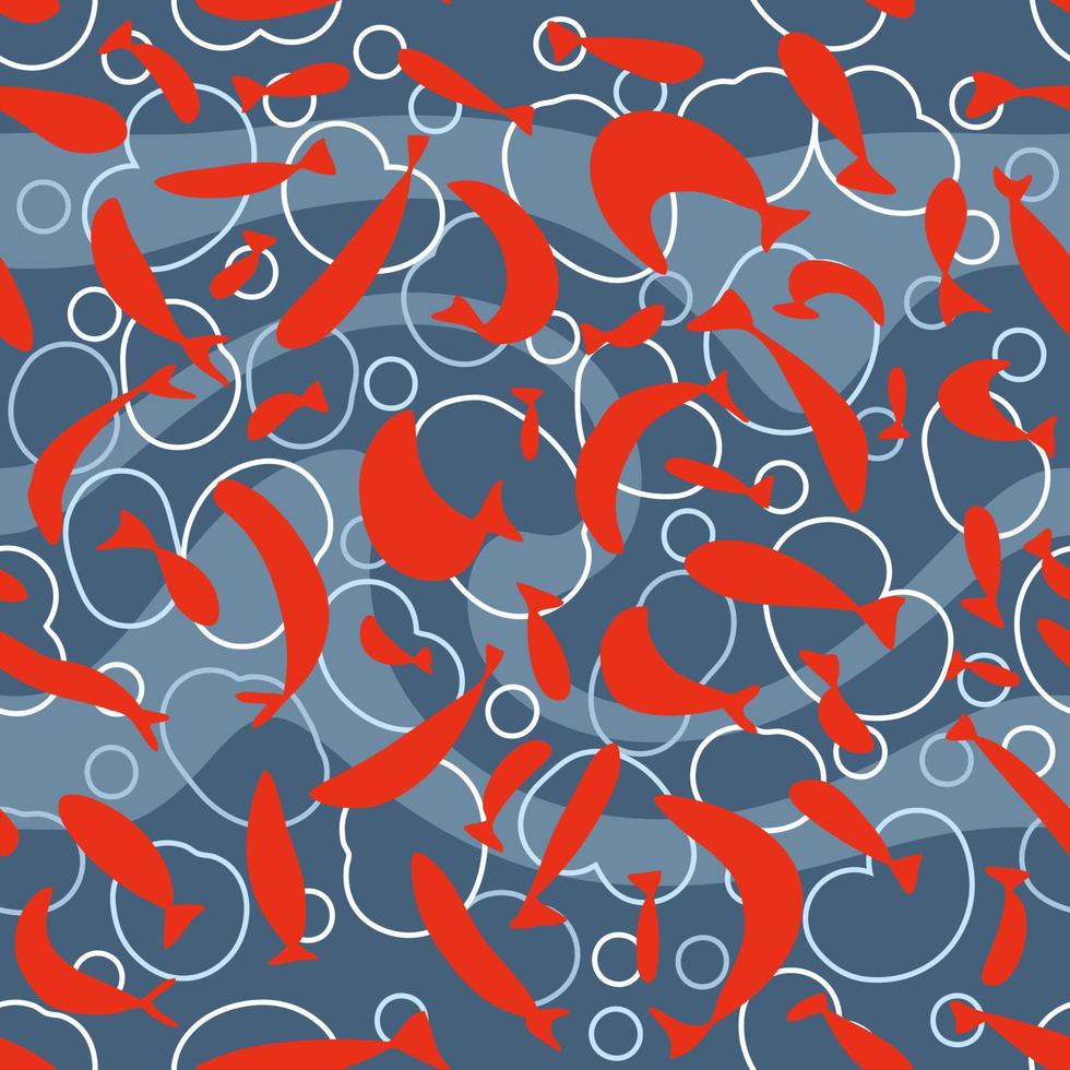 Abstract seamless pattern with fishes silhouettes and water waves. vector