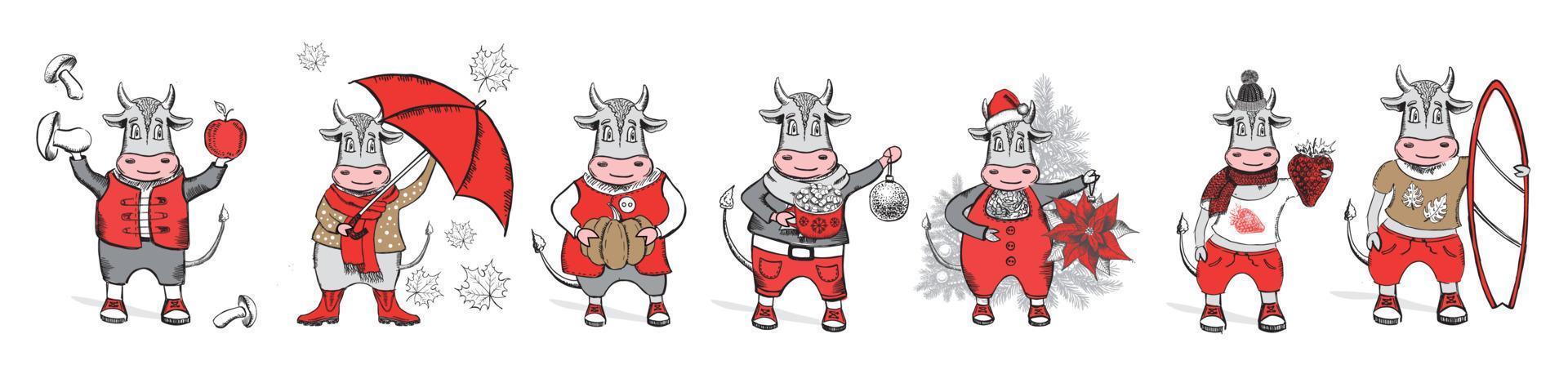año del toro. ilustración de año nuevo. vector dibujado a mano.