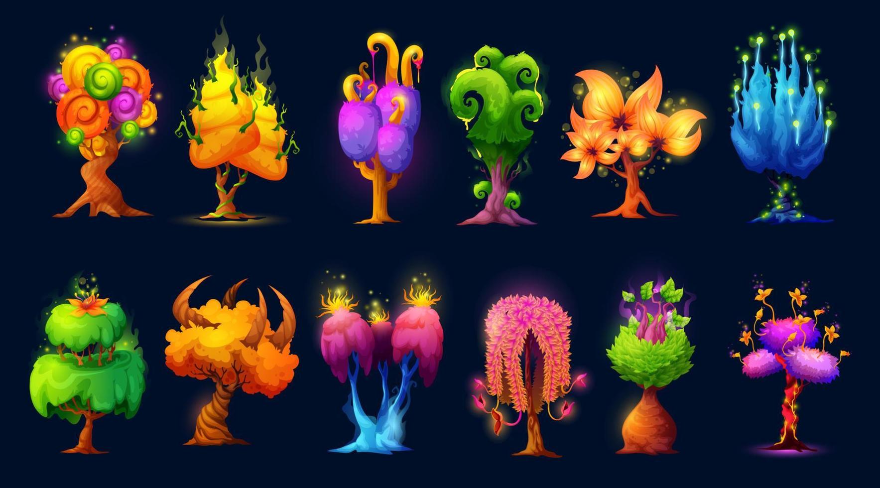 Fantástico juego de plantas y árboles mágicos alienígenas. vector