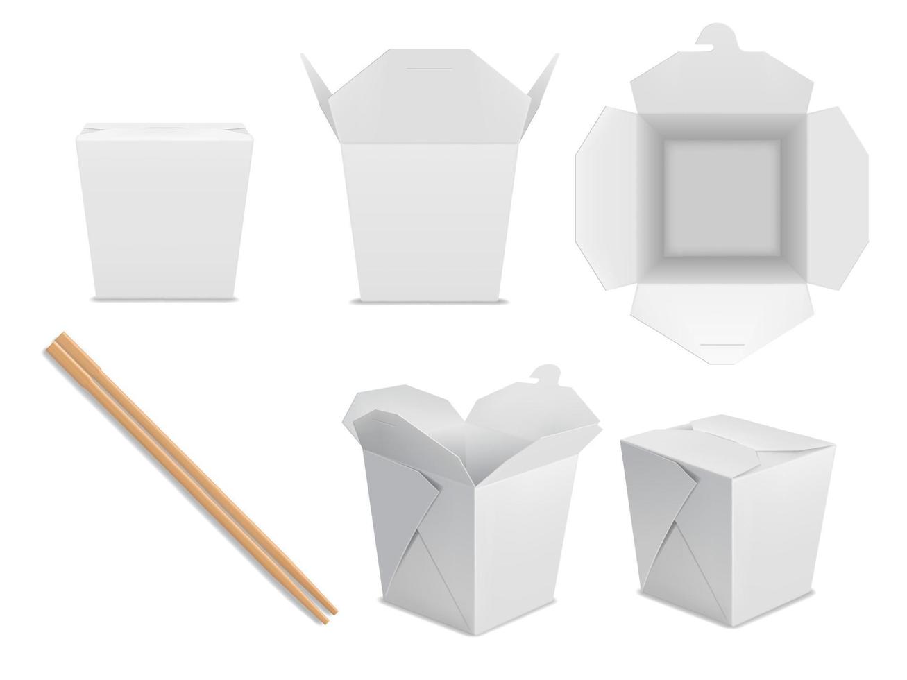 Asian noodle box package, chopsticks mockup vector