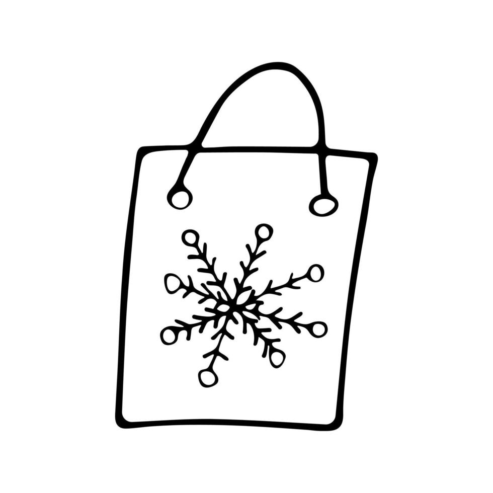 paquete de regalo con vector de estilo de garabato blanco y negro de copo de nieve