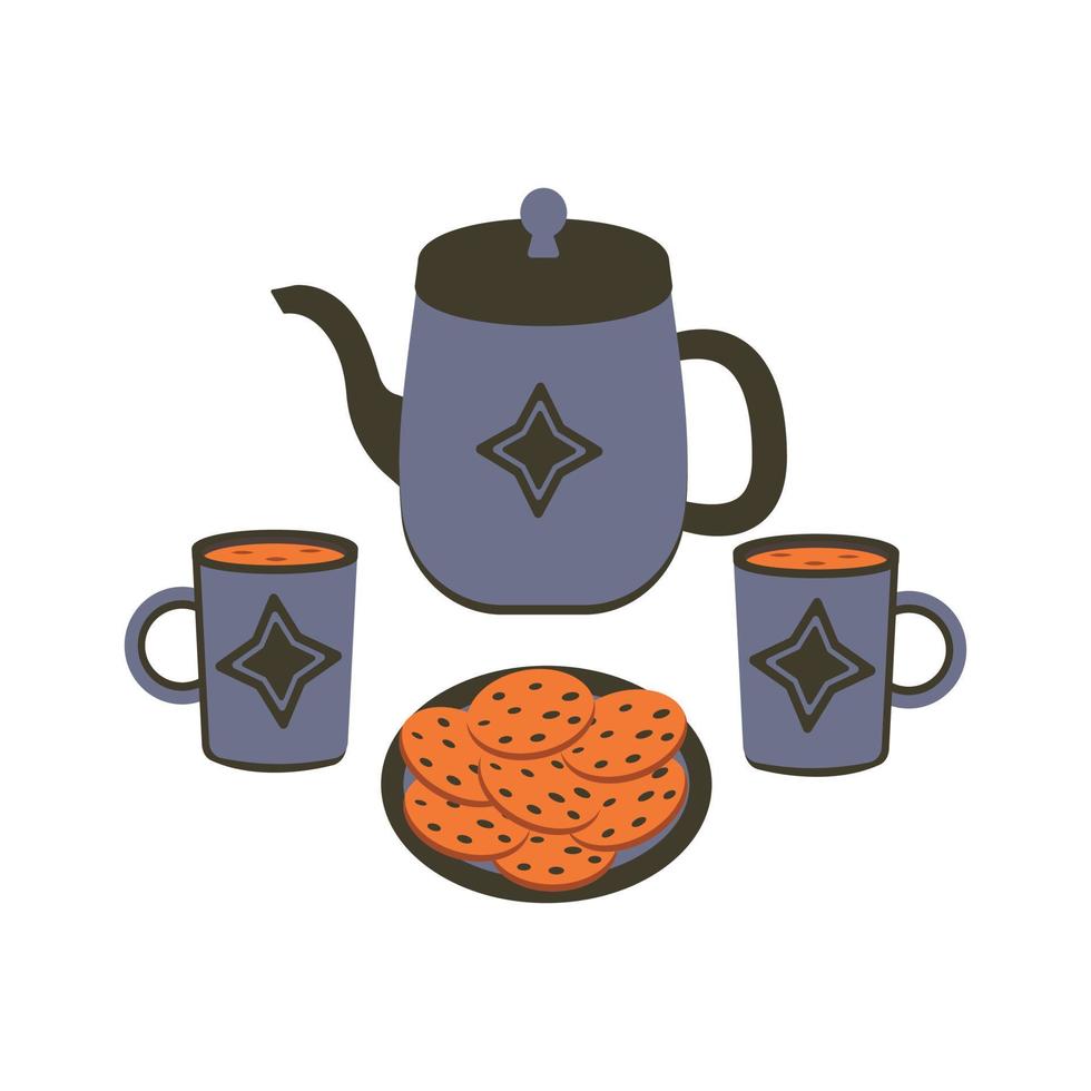 Blue teapot set and plate with oatmeal cookies vector