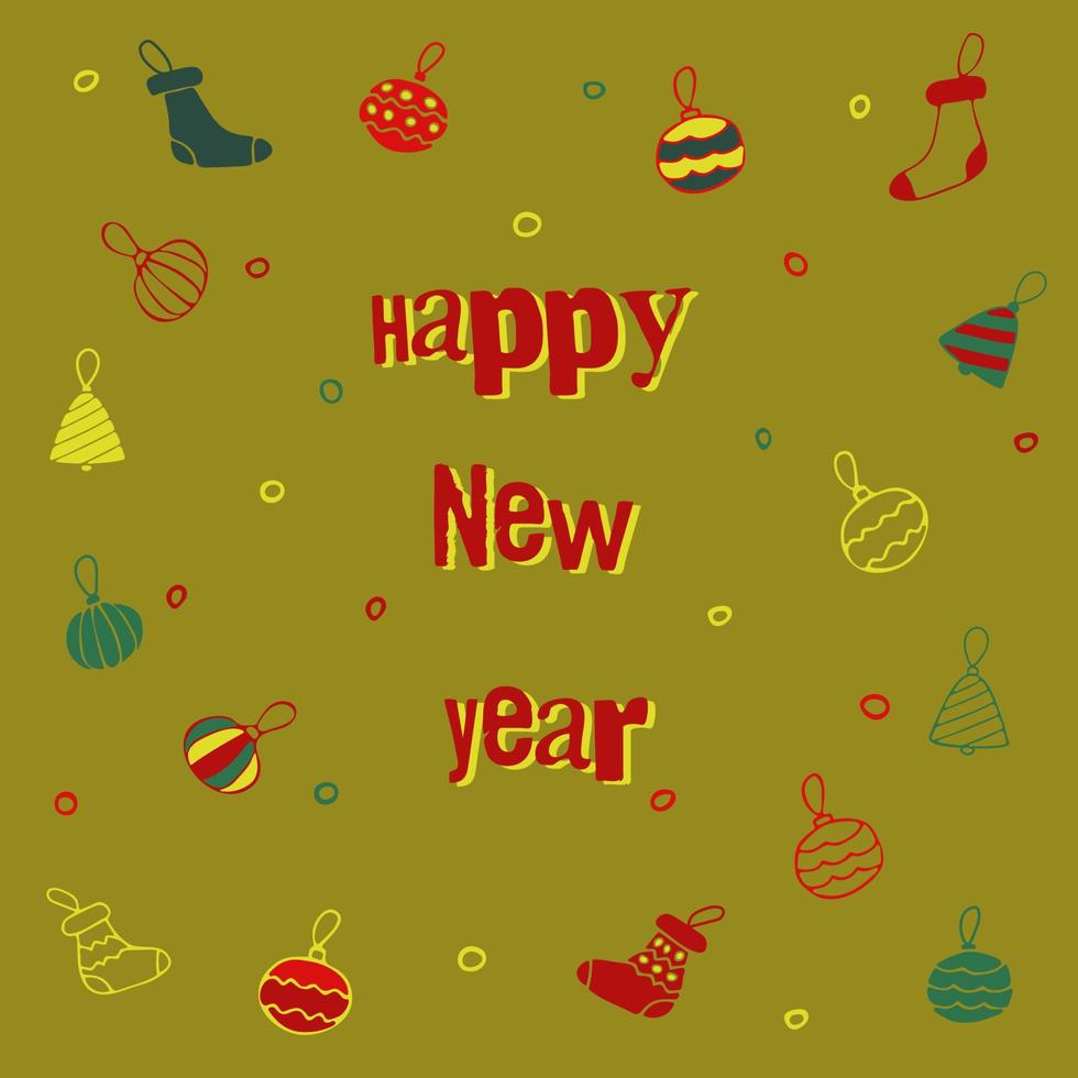 Green background with colorful Christmas toys and new year inscription vector