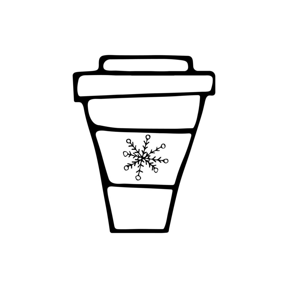 Glass of coffee with snowflake black and white doodle style vector