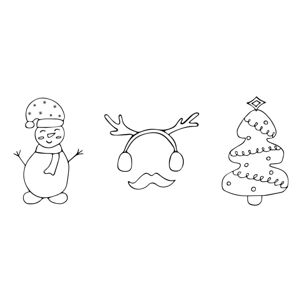 Set of snowman, Christmas tree in the style of doodle on a white background vector