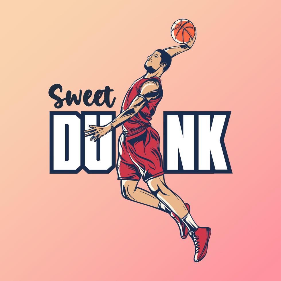 basketball player dipping his ball in a beautiful style. sweet dunk. flat style vector illustration.