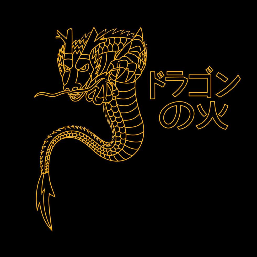 dragón de fuego de dibujo lineal, oro de contorno vector