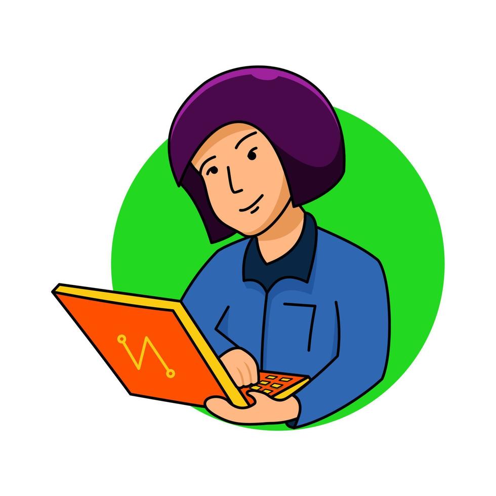 illustration of person working on a computer, blue, yellow and purple colors vector